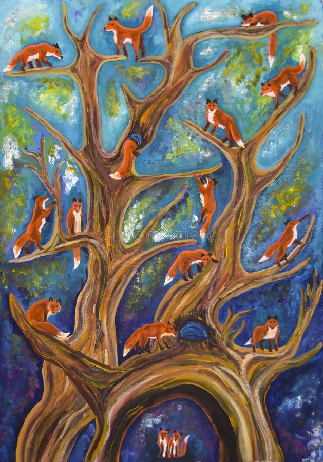 Abstraction drawing acrylic foxes on a tree fantasy dream fairytale royalty free stock images