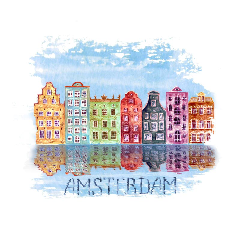 Amsterdam city illustration with watercolor hand painted old european houses and reflections in water. On blue teal stain isolated on white background vector illustration Amsterdam city illustration with watercolor hand painted old european houses and reflections in water. On blue teal stain isolated on white background vector illustration