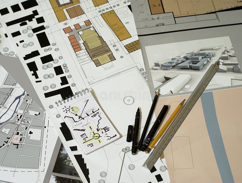 Architectural drawings, blueprints, city planning. Many architectural drawings on the table, blueprints stock images