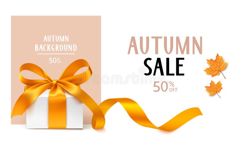 Autumn Sale template design. Vector background with gift box and yellow maple leaves. Autumn background with decorative gift box, yellow bow long ribbon and royalty free illustration