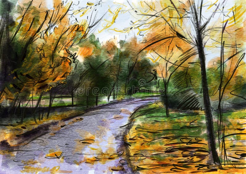 Autumn landscape. Drawing in watercolor and color pencil royalty free illustration