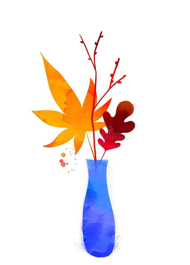 Autumn leaves in blue vase. Watercolor illustration for fall designs. Orange maple leaf and oak foliage. stock illustration