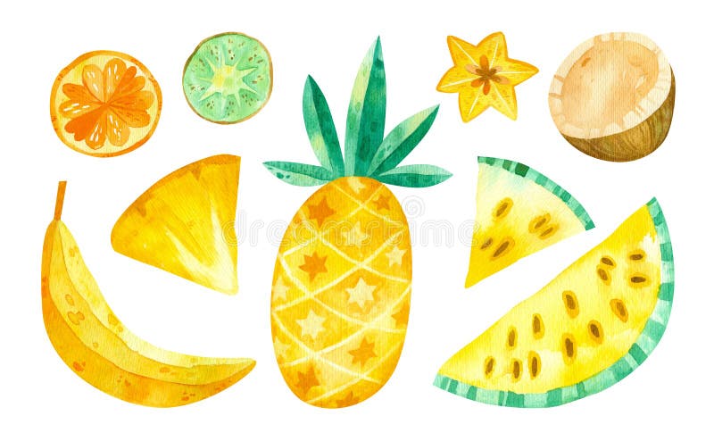 Tropical fruits mix watercolor illustrations set. Pineapple, banana, coconut, carambola, watermelon, orange and kiwi watercolor drawings pack. Cartoon fruit vector illustration