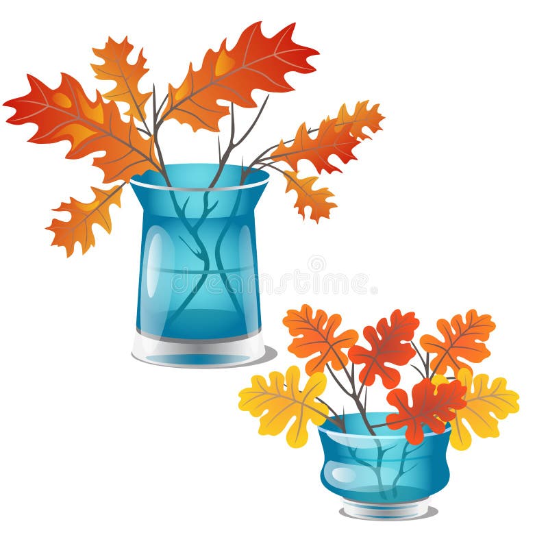 Autumn twigs with yellow oak leaves are in a transparent glass vase with water. Element of interior design on theme of royalty free illustration
