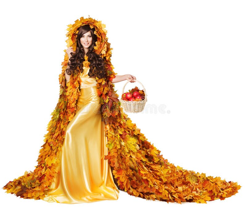 Autumn Woman in Fall Leaves Apples, Model Girl Fashion Yellow Dres royalty free stock images