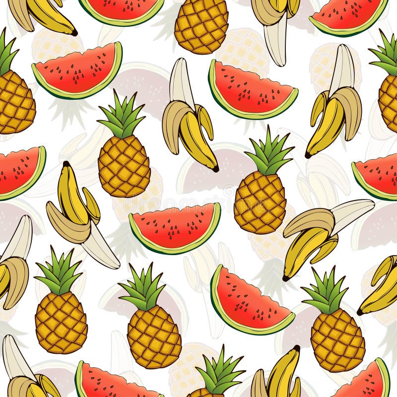 Banana, pineapple, and watermelon slices seamless pattern, fruit background. Drawing on a white , cartoon. For the design of the. Banana, pineapple, and stock illustration