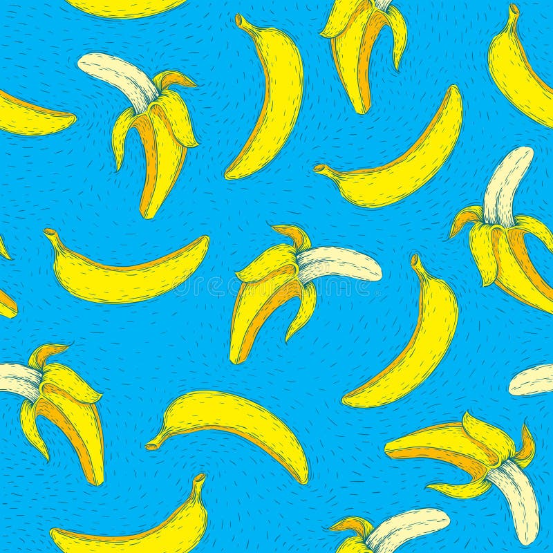 Banana seamless pattern. Bright pop art. Hand drawing. Vector illustration royalty free illustration