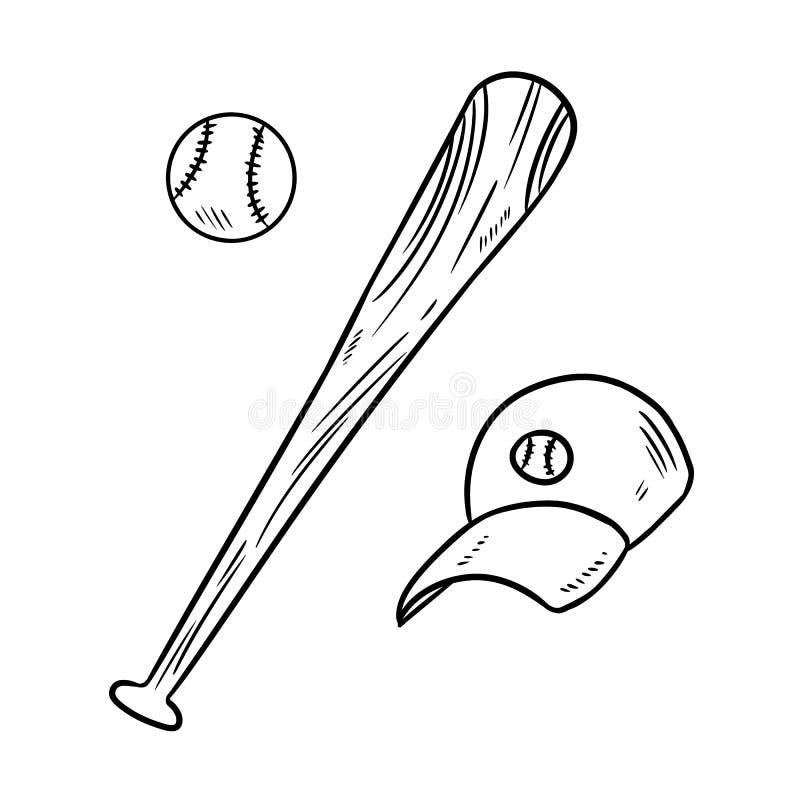 Baseball ball, cap and bat hand drawn sketch doodles set. Baseball ball, cap and bat hand drawn sketch doodles stock illustration