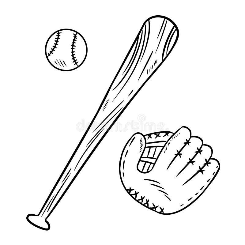 Baseball, baseball bat and catchig glove doodles. Hand drawn sketch image set. Baseball, baseball bat and catchig glove doodles. Hand drawn sketch set stock illustration