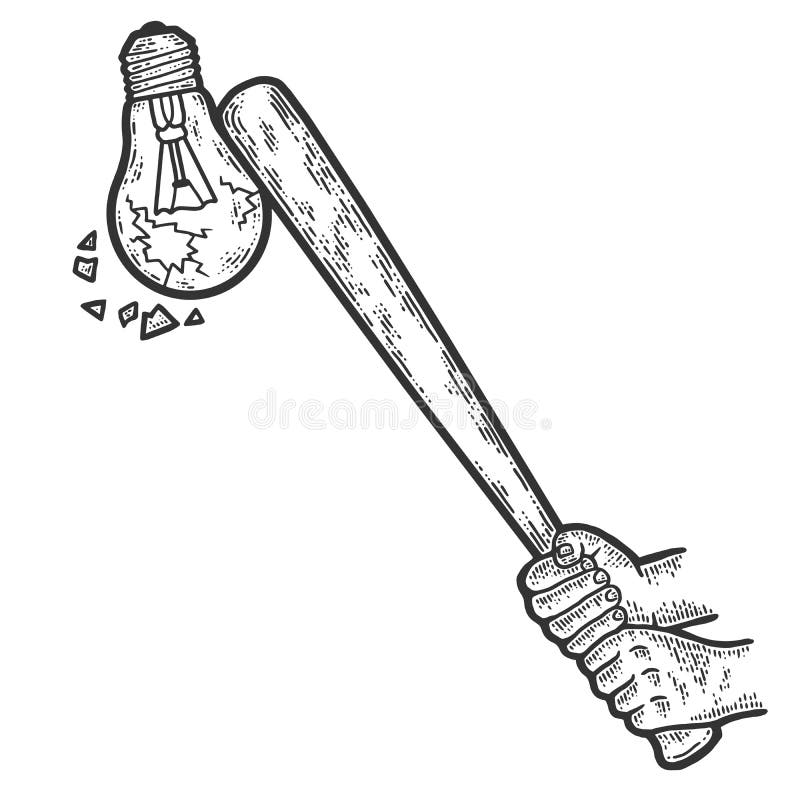 Baseball bat crash idea symbol, electric lamp. Sketch scratch board imitation. Black and white. Engraving raster illustration vector illustration