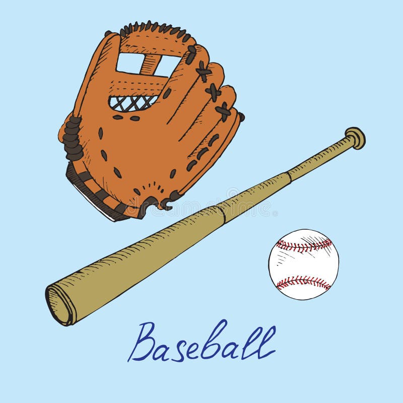Baseball equipment set: ball, bat and glove, hand drawn doodle sketch with inscription, isolated vector illustration. Baseball equipment set: ball, bat and glove vector illustration
