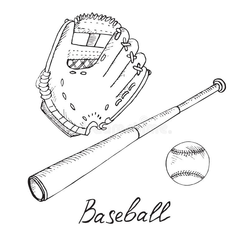 Baseball equipment set: ball, bat and glove, hand drawn doodle sketch with inscription, isolated vector illustration. Baseball equipment set: ball, bat and glove stock illustration