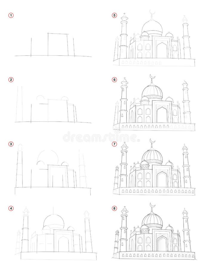 Creation step by step pencil drawing. Page shows how learn to draw fantastic Asian eastern fairyland castle. Print for artists school textbook. Developing stock illustration