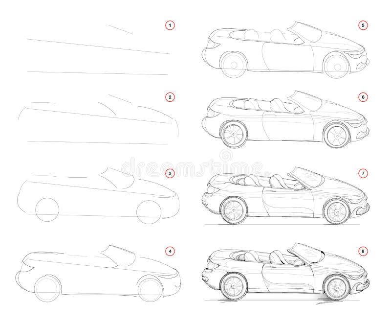 How to draw step-wise imaginary fashionable convertible car. Creation step by step pencil drawing. Educational page. School textbook for developing artistic stock illustration