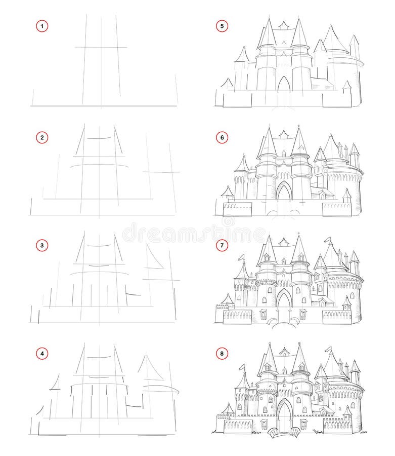 How to draw from nature step by step sketch of medieval French castle. Creation pencil drawing. Educational page for artists. School textbook for developing stock illustration