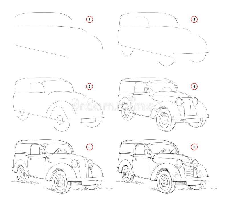 How to draw step by step sketch of imaginary cute antique car. Creation pencil drawing. Educational page for artists. Textbook for developing artistic skills vector illustration