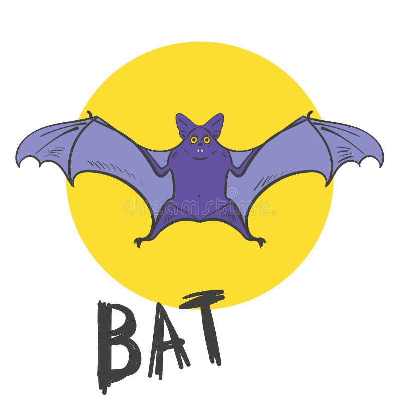 Bat on full moon background in cartoon style. Hand drown sketch illustration. Isolated on yellow stock illustration
