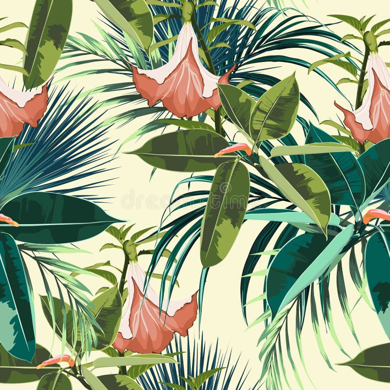 Beautiful seamless floral pattern background with exotic dark and bright ficus elastica, palm leaves and lilies flowers. Perfect for wallpapers, web page royalty free illustration