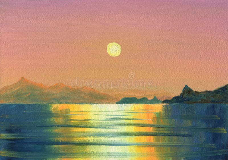Beautiful sunset at sea. Oil painting. vector illustration