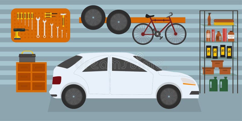 Home garage with car, bike and tools on the wall, flat vector interior illustration stock illustration Home garage with car, bike and tools on the wall, flat vector interior illustration stock illustration