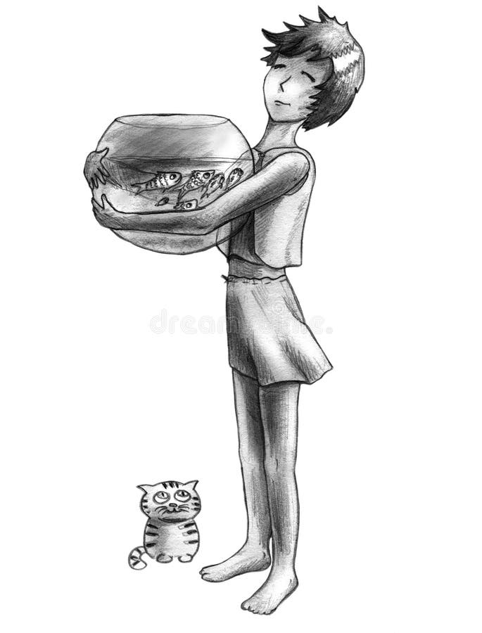 Big aquarium and small cat. Happy girl holding big sphere shaped aquarium and little cat looking at fishes in it. Pencil drawing isolated on white background stock illustration