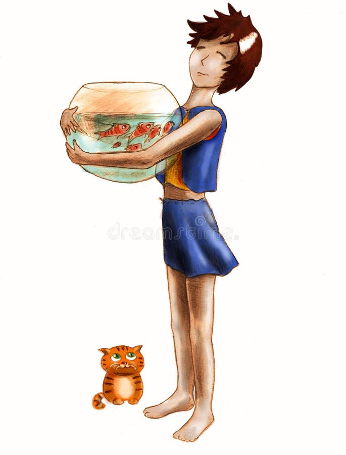 Big aquarium and small cat. Happy girl holding big sphere shaped aquarium and little cat looking at fishes in it. Pencil drawing isolated on white background stock illustration