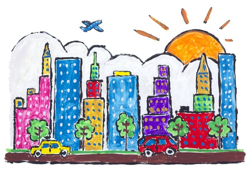 Big city town painted concept. Isolated Big urban futuristic city town painted abstract concept- children drawing royalty free illustration