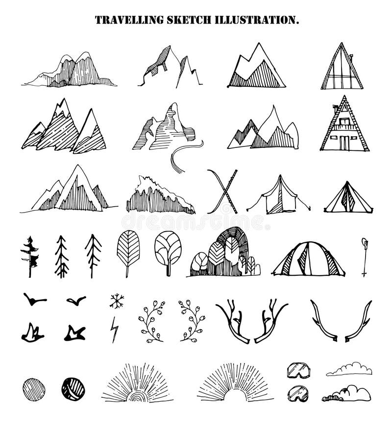 Big hand drawn set of sketch mountains,tents,trees,clouds.,birds,sun shine,sky,floral branches.Vector illustration of royalty free illustration Big hand drawn set of sketch mountains,tents,trees,clouds.,birds,sun shine,sky,floral branches.Vector illustration of royalty free illustration