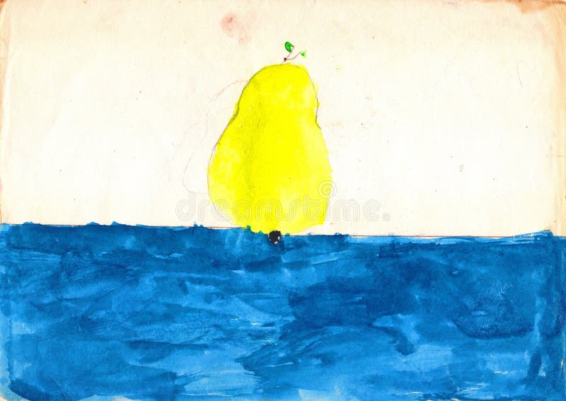 Big yellow pear on the blue table. Child drawing, watercolor. Big yellow pear on the blue table, white background. Child drawing, watercolor vector illustration