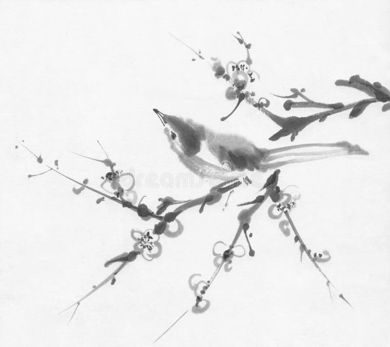 Bird on a cherry branch sumi-e ink painting. Chinese Traditional Painting royalty free illustration