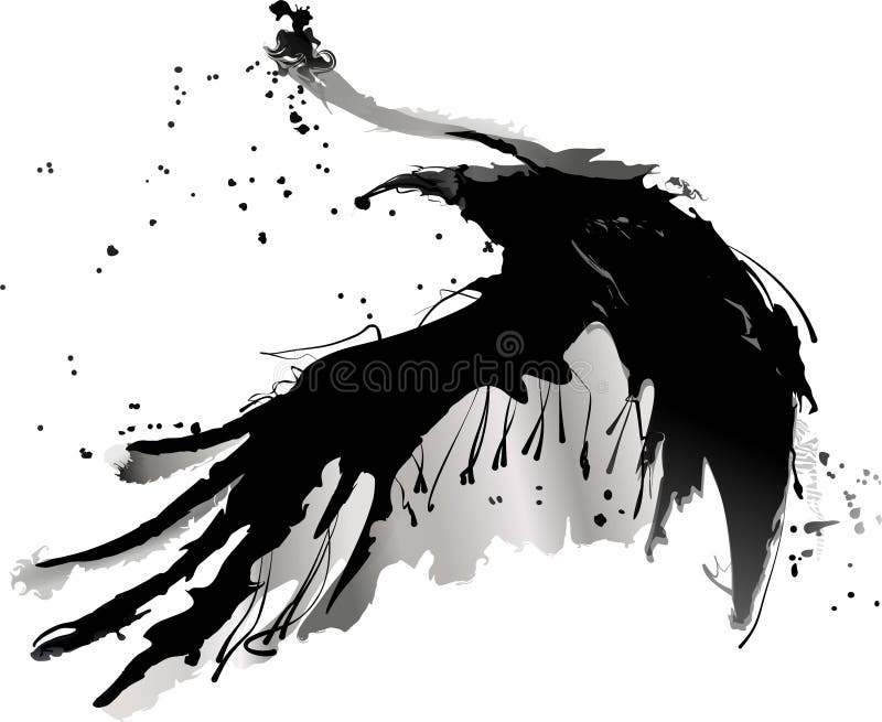 Black crow black and white drawn in pencil. Colorful fish swimming in an aquarium vector on a white background vector illustration