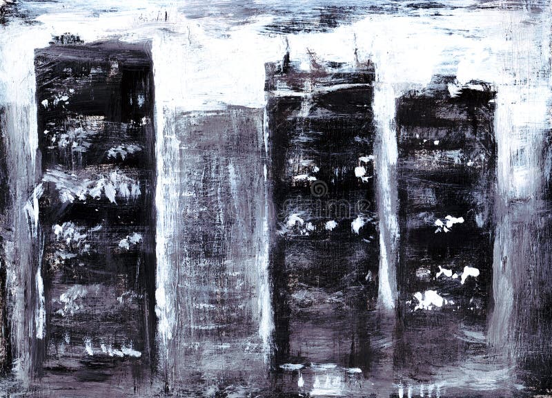 Black silhouettes of skyscraper houses against the backdrop of a city with white windows painted by brush picture. Black silhouettes of skyscraper houses against stock illustration Black silhouettes of skyscraper houses against the backdrop of a city with white windows painted by brush picture. Black silhouettes of skyscraper houses against stock illustration