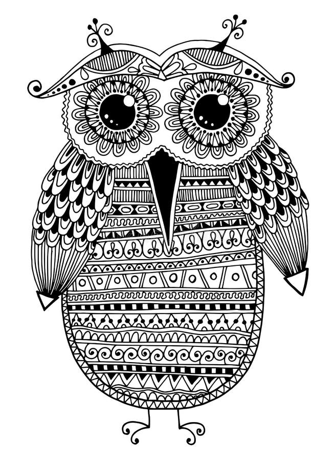 Black and white original ethnic owl ink drawing vector illustration