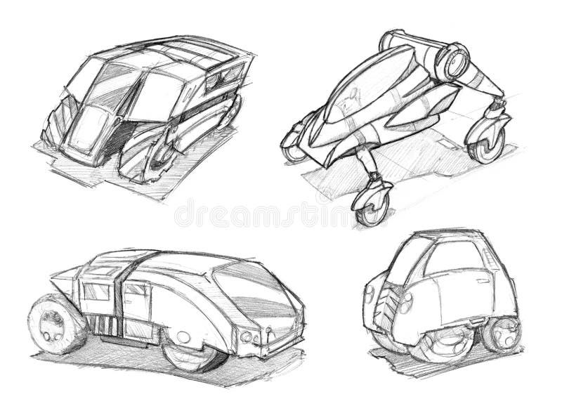 Pencil Concept Art Drawing of set of Futuristic Sci-fi Automotive Car Designs. Black and white pencil concept art drawing of set of futuristic or sci-fi stock illustration