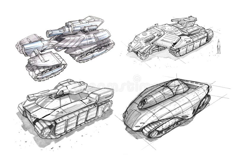 Black Ink Concept Art Drawing of Set of Sci-fi Future Military Tank Designs. Black and white rough ink concept art drawing of set of sci-fi future military tank vector illustration