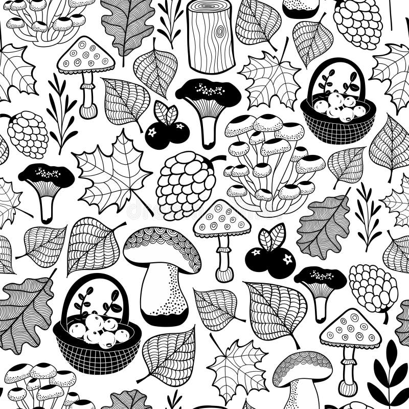 Black and white seamless pattern with autumn forest gifts. Vector background for coloring royalty free illustration