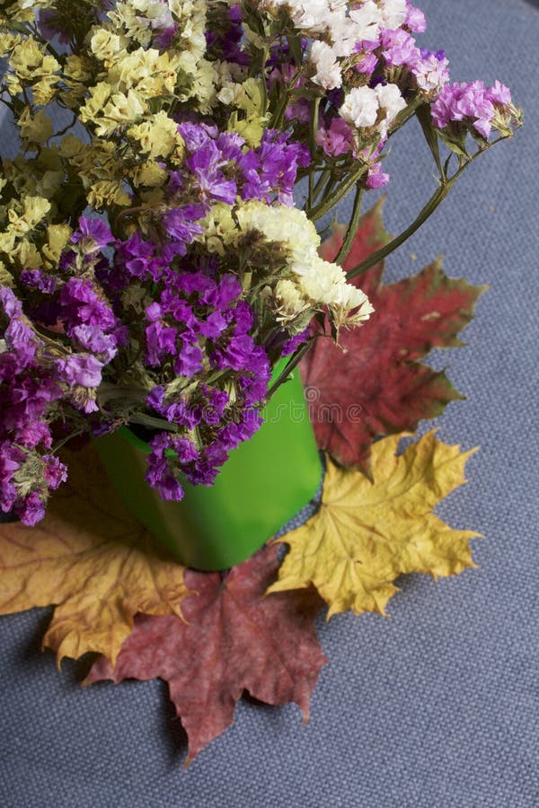 A bouquet of dried flowers in a green vase stands on fallen autumn leaves of different colors. All this on a cloth gray background stock images
