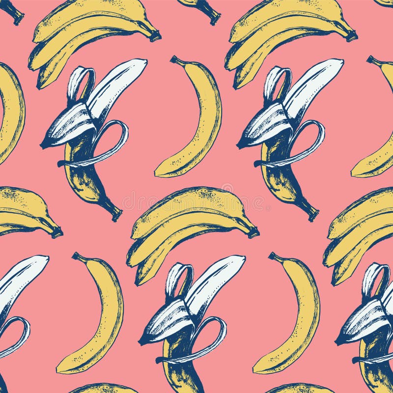 Bright banana pattern drawing with ink and brush. Bright  banana pattern drawing with ink and brush on pink background stock illustration