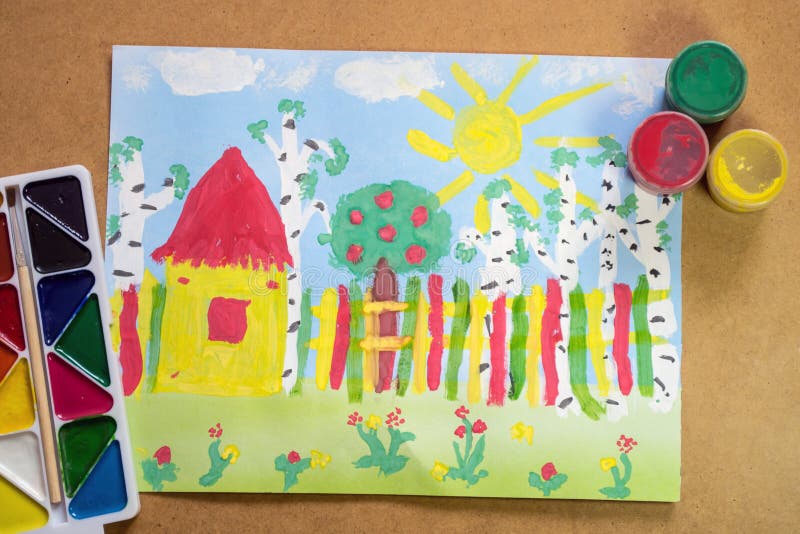 Bright childrens drawing with house, fence, trees, flowers with stock photography Bright childrens drawing with house, fence, trees, flowers with stock photography