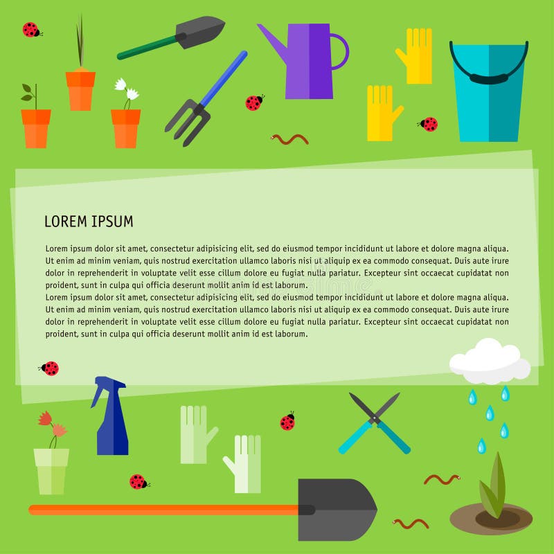 Bright colored conceptual illustration with garden tools isolated on fresh green background on the theme of spring gardening. For use in design royalty free illustration