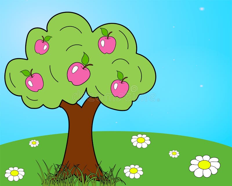Bright and colorful children s drawing of an apple tree and a green serving with white daisies stock illustration