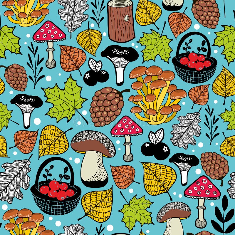 Bright seamless pattern with autumn forest gifts. Vector endless background royalty free illustration