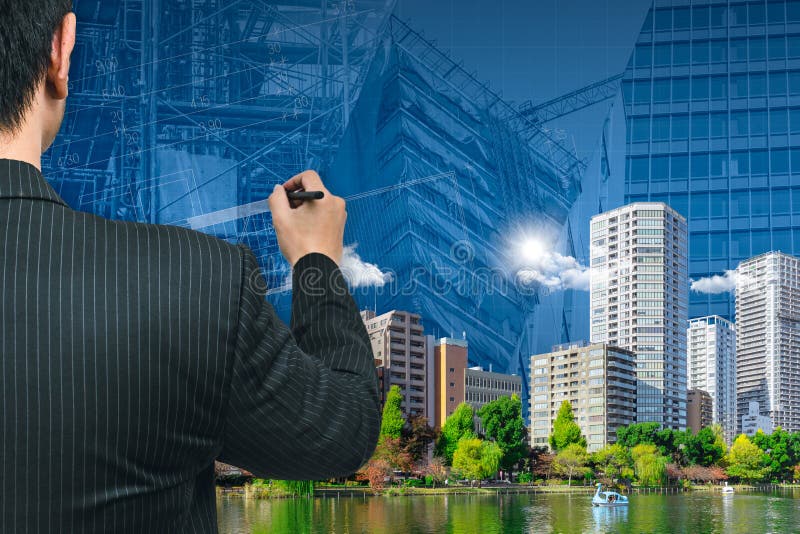 Business man or Architecture Drawing The Green City. Good Environment building of modern metro concept stock photography Business man or Architecture Drawing The Green City. Good Environment building of modern metro concept stock photography