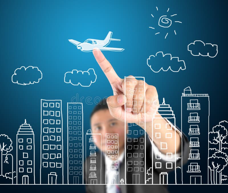 Business man drawing city life and traveling. With plane by hand royalty free stock photo