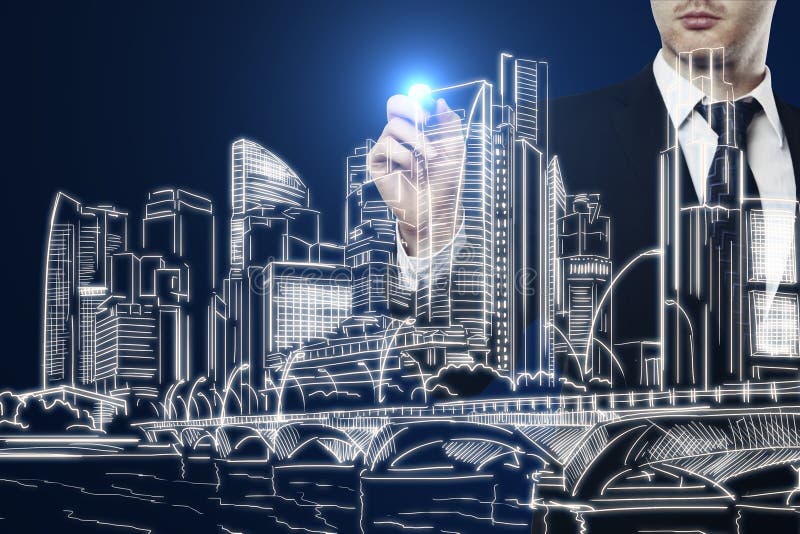 Businessman drawing city. Business man drawing creative city sketch on glowing blue background. Urban concept. Double exposure royalty free stock photos Businessman drawing city. Business man drawing creative city sketch on glowing blue background. Urban concept. Double exposure royalty free stock photos
