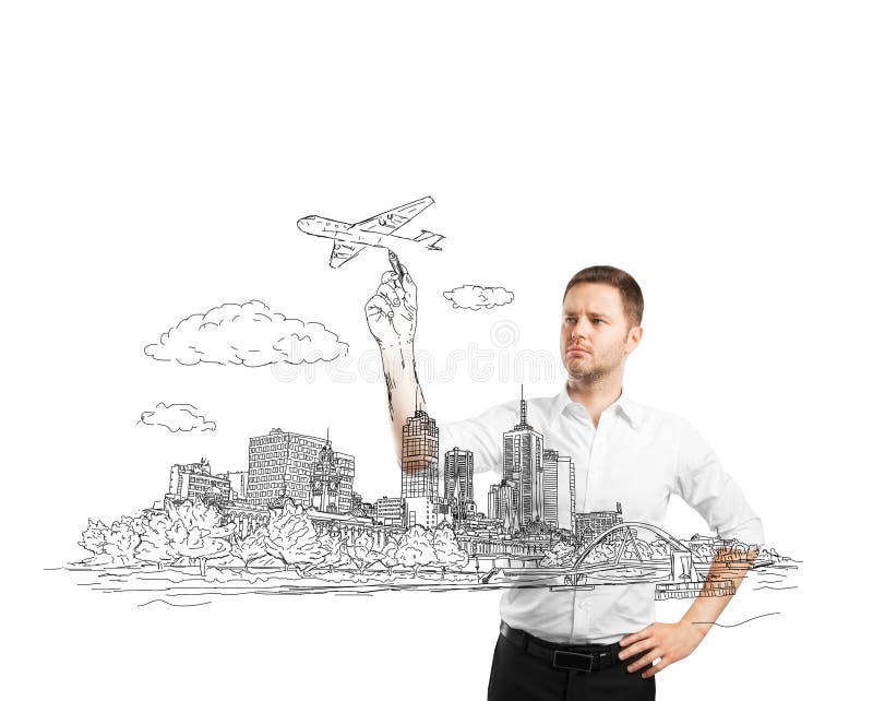 Businessman drawing city. Businessman drawing abstract city of the future royalty free stock photo