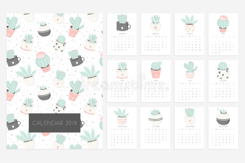 Calendar 2019. Fun and cute calendar with hand drawn succulents and cactus plants royalty free illustration Calendar 2019. Fun and cute calendar with hand drawn succulents and cactus plants royalty free illustration