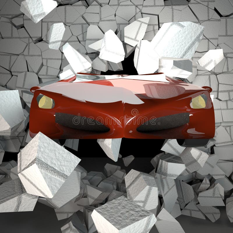Car breaking a brick wall stock illustration Car breaking a brick wall stock illustration