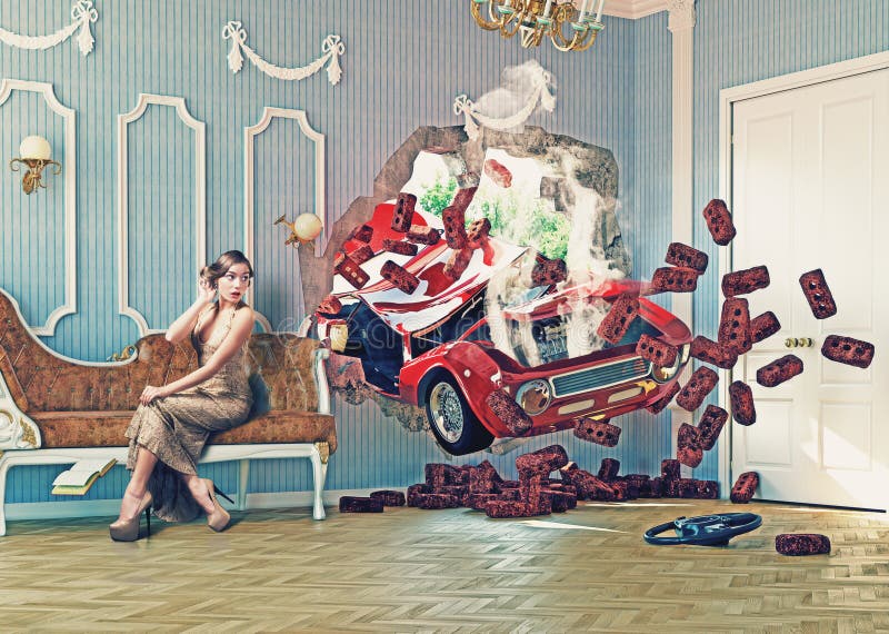 Car breaks the wall stock illustration Car breaks the wall stock illustration