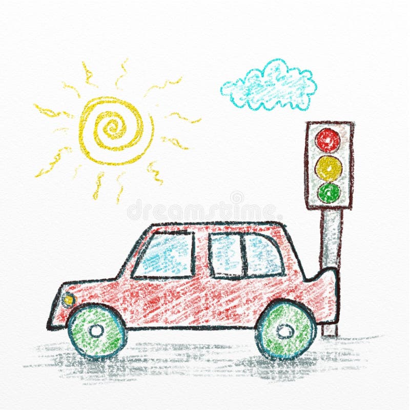 Car cartoon, Kids drawing style illustration. Crayon art. Color pencil vector illustration